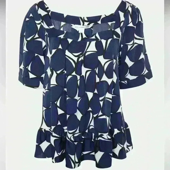 Diane Von Furstenberg Edith Navy Blue Silk Blouse Size 2 - Picture 1 of 5